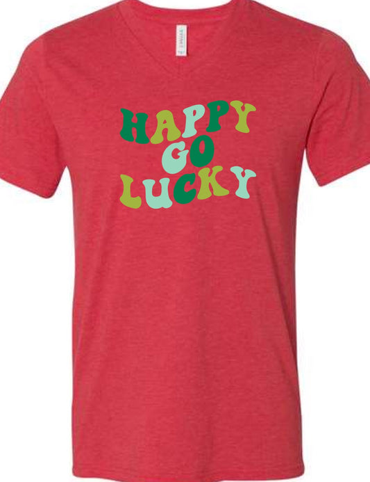 Happy Go Lucky on Red V-Neck Tee