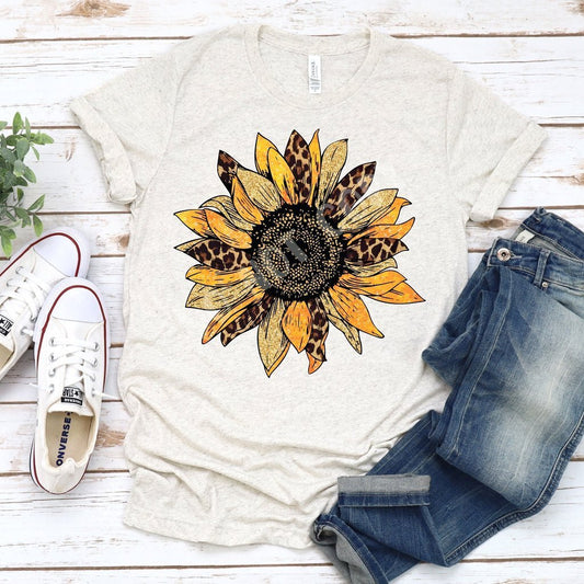 Brown and Gold Leopard Sunflower on Heather Prism Natural Color Tee