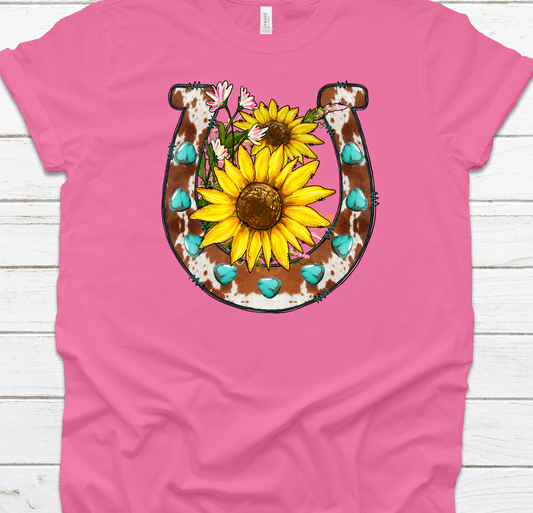 Horseshoe with Sunflower on Pink Tee