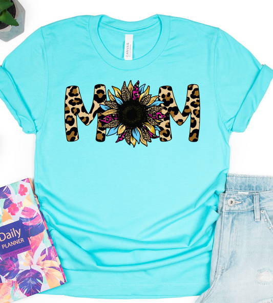 Leopard MOM with Sunflower on Turquoise  Graphic Tee