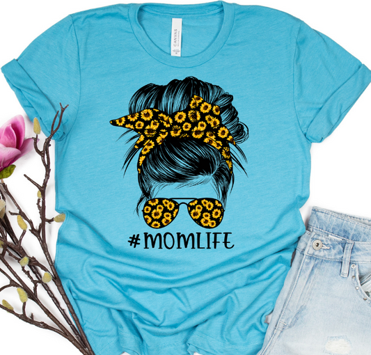 Mom Life Messy Bun with Sunflowers on Turquoise  Graphic Tee