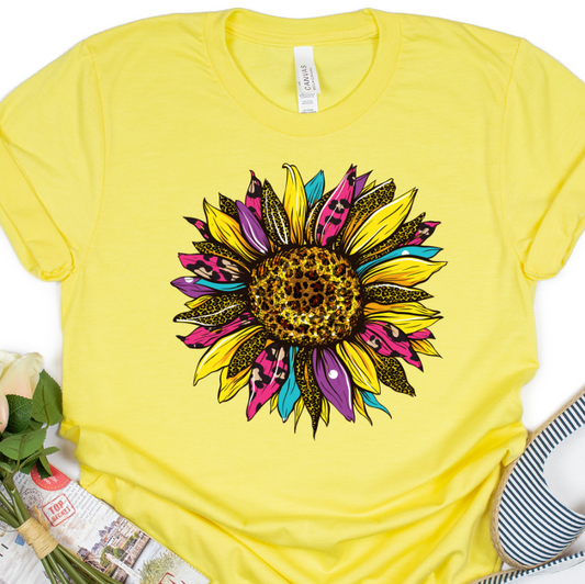 Multi Color Leopard Sunflower on Yellow Tee