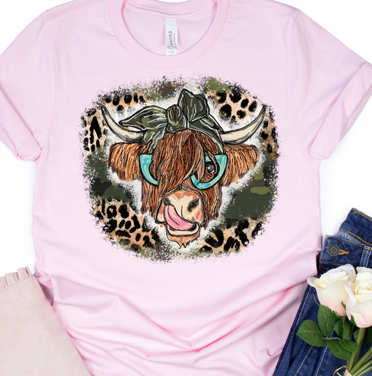 Shaggy Cow with Leopard and Camo on Pink Tee