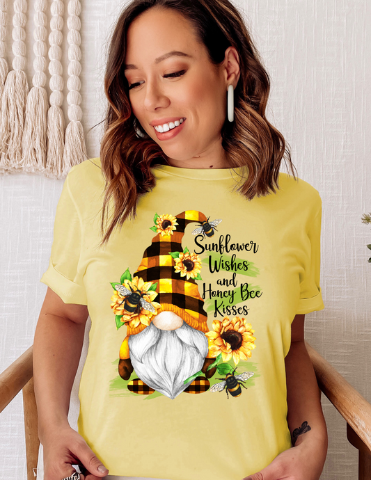 Sunflower Wishes and Honey Bee Kisses Gnome on Yellow Tee